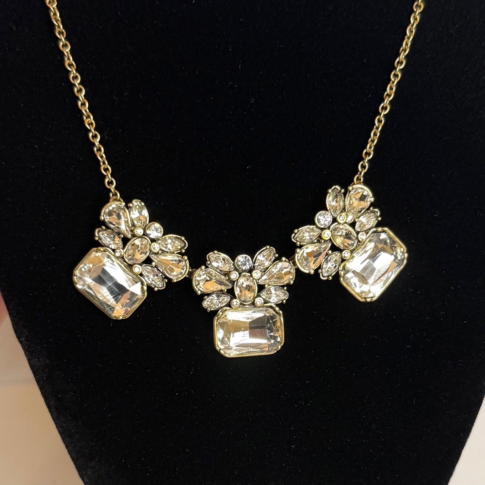 Gold Crystal Statement Necklace - Clear Gem Floral Pendant